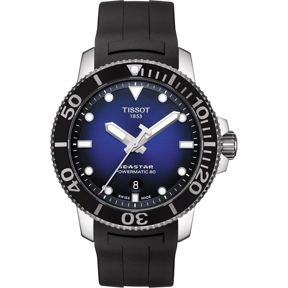 Taucheruhr mit schwarzem Silikonarmband und blauem Zifferblatt, Gehäuse aus Edelstahl, Datumsanzeige.
