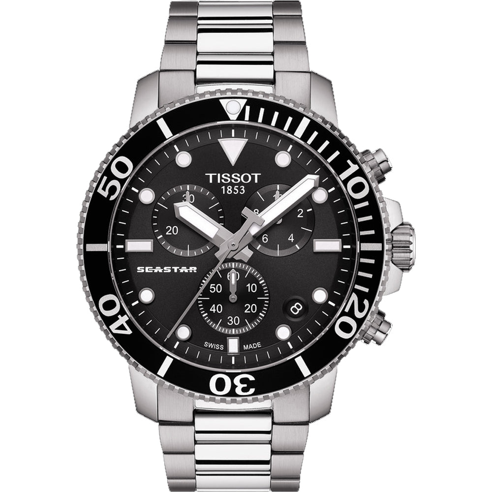 Tauch-Uhr mit schwarzem Zifferblatt, Edelstahl-Gehäuse und -Armband, drehbare Lünette