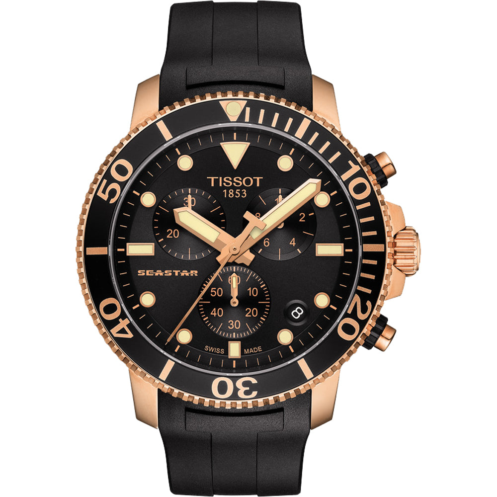 Uhr mit schwarzem Zifferblatt, roségoldenem Gehäuse und schwarzem Silikonarmband