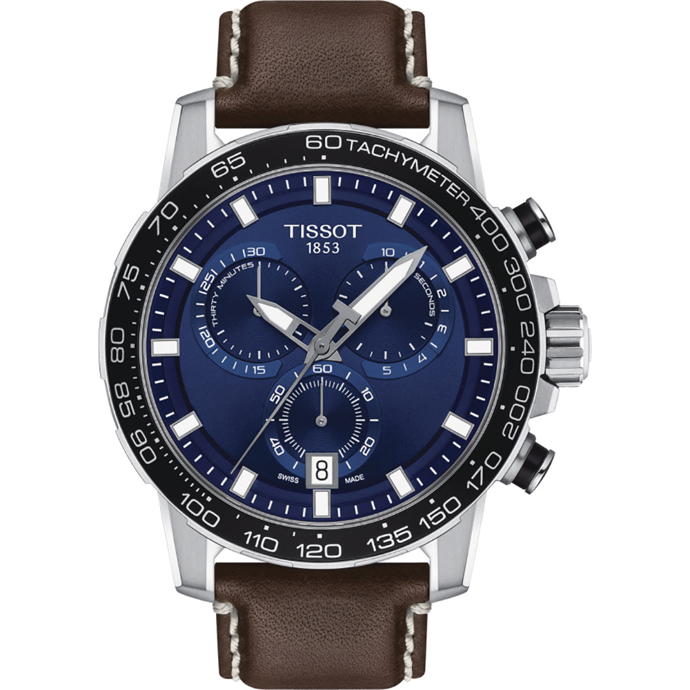 Herrenchronograph mit blauem Zifferblatt, silbernem Gehäuse und braunem Lederarmband