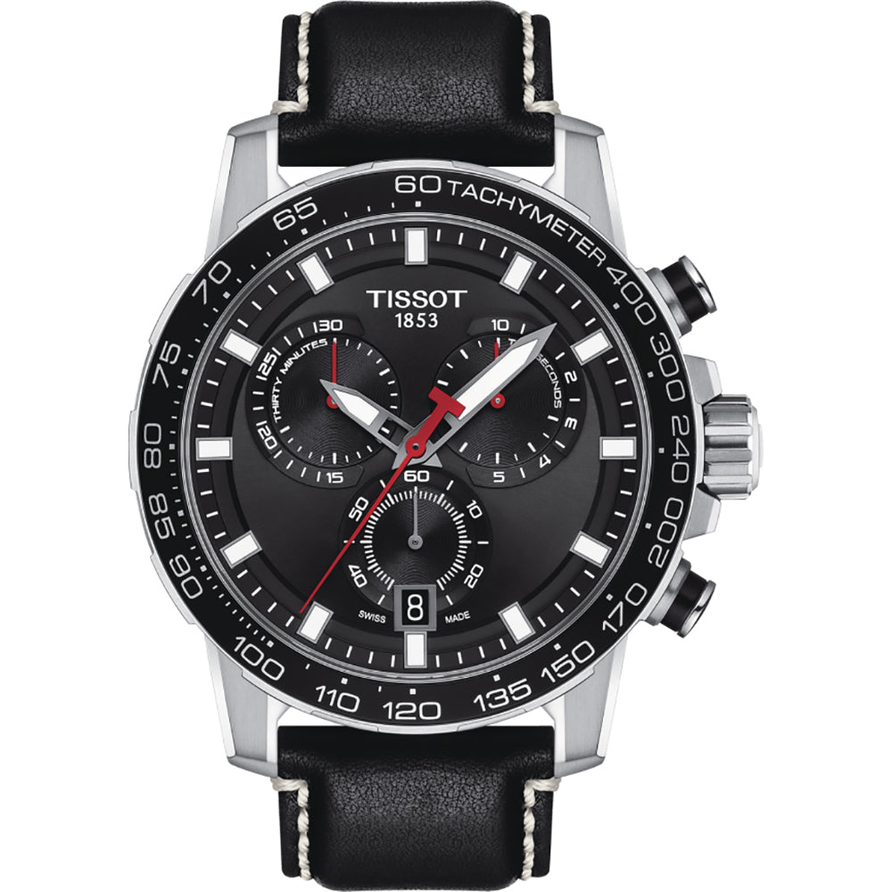Chronograph mit schwarzem Zifferblatt, silbernem Gehäuse und schwarzem Lederarmband