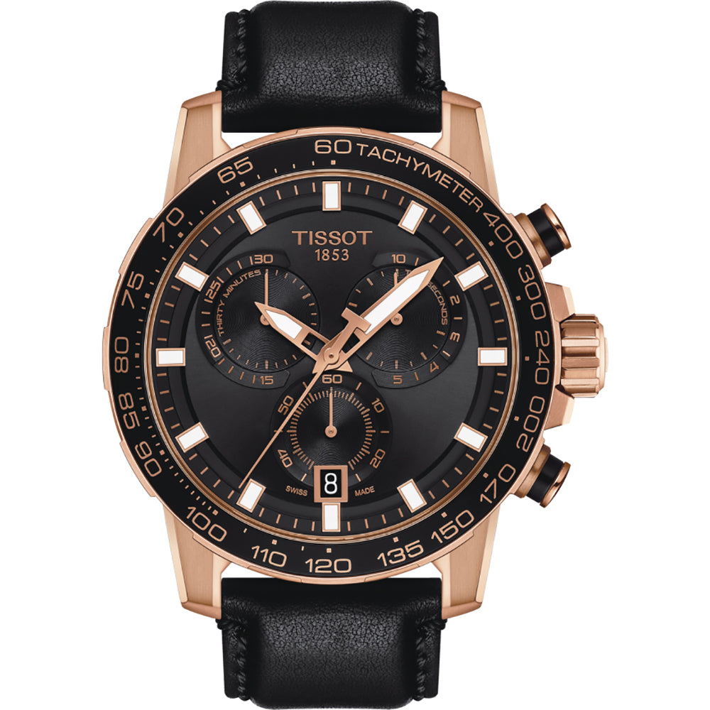 Chronograph mit schwarzem Zifferblatt, roségoldenem Gehäuse und schwarzem Lederarmband