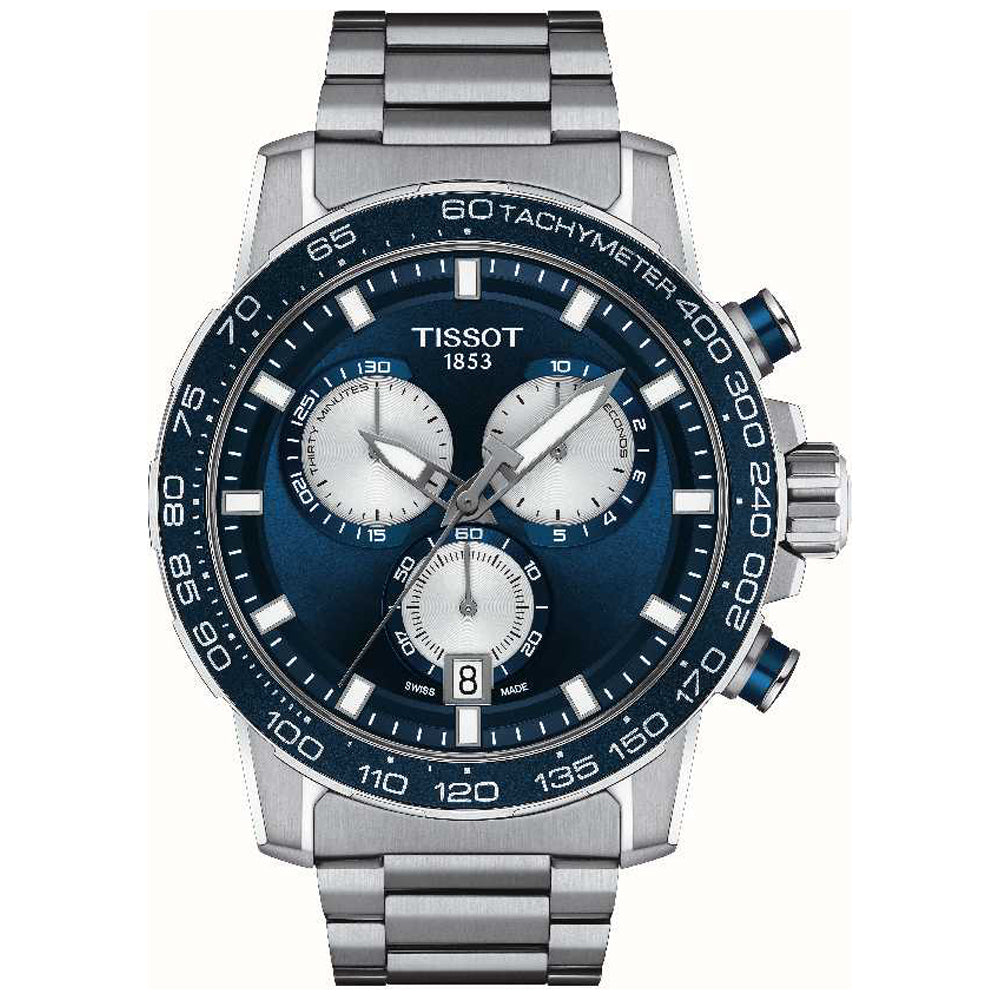 Herrenchronograph mit blauem Zifferblatt, silbernem Gehäuse und Edelstahlarmband.