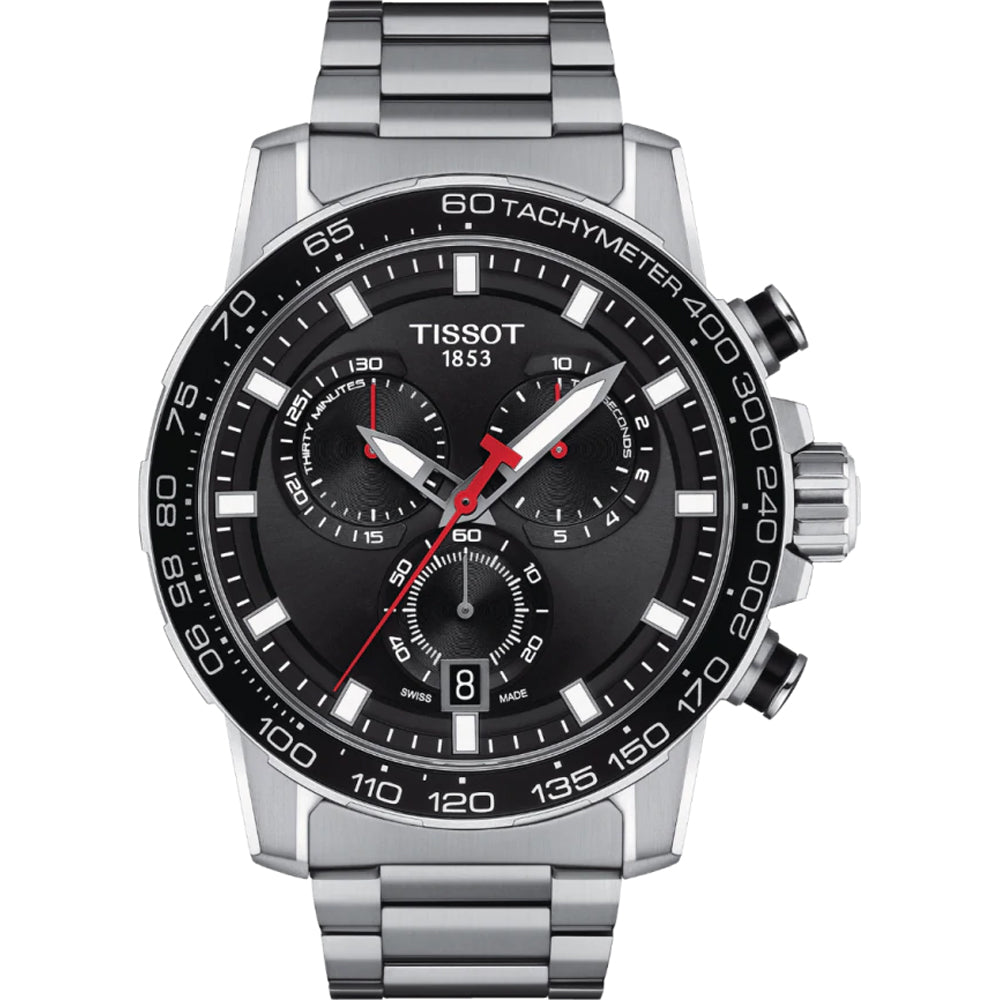 Chronograph mit schwarzem Zifferblatt, silbernem Gehäuse und Edelstahlarmband, rote Akzente