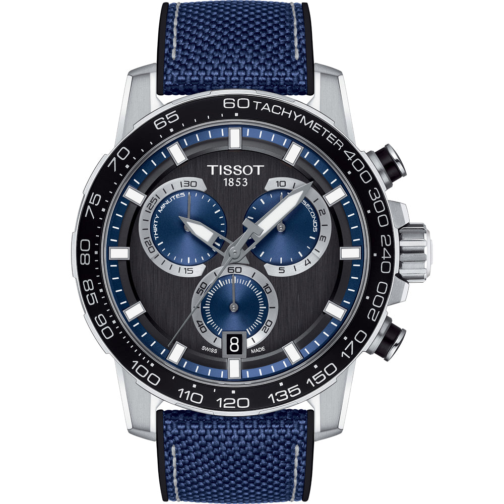 Herrenchronograph mit schwarzem Zifferblatt, blauen Akzenten und blauem Mesh-Armband