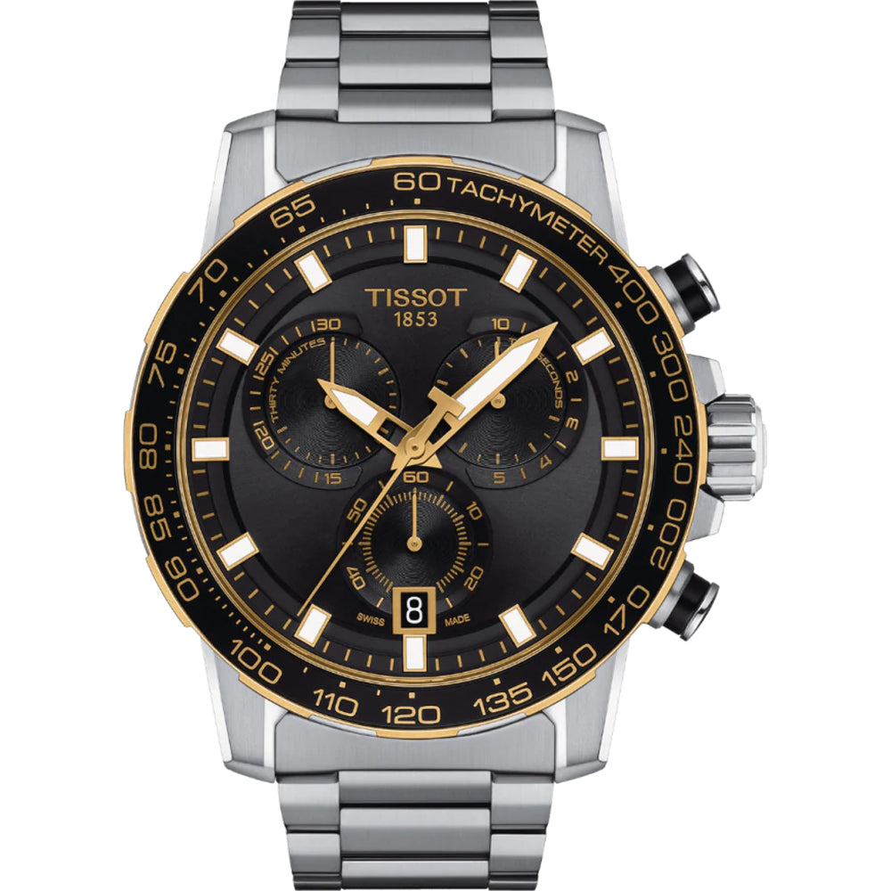 Herrenchronograph mit schwarzem Zifferblatt, silbernem Gehäuse und goldenen Akzenten, Edelstahlarmband