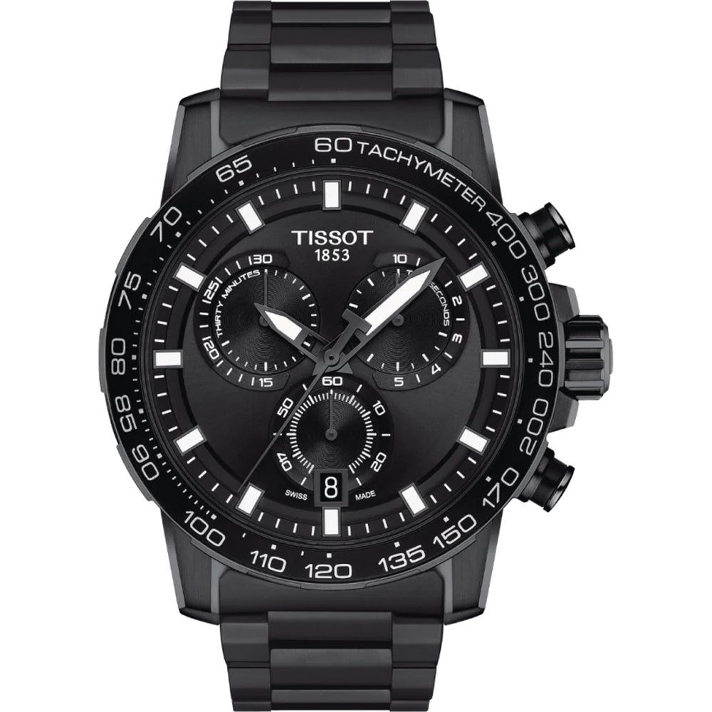 Sportliche Uhr mit schwarzem Gehäuse, schwarzem Zifferblatt und schwarzem Armband, Chronograph mit drei Ziffernblättern