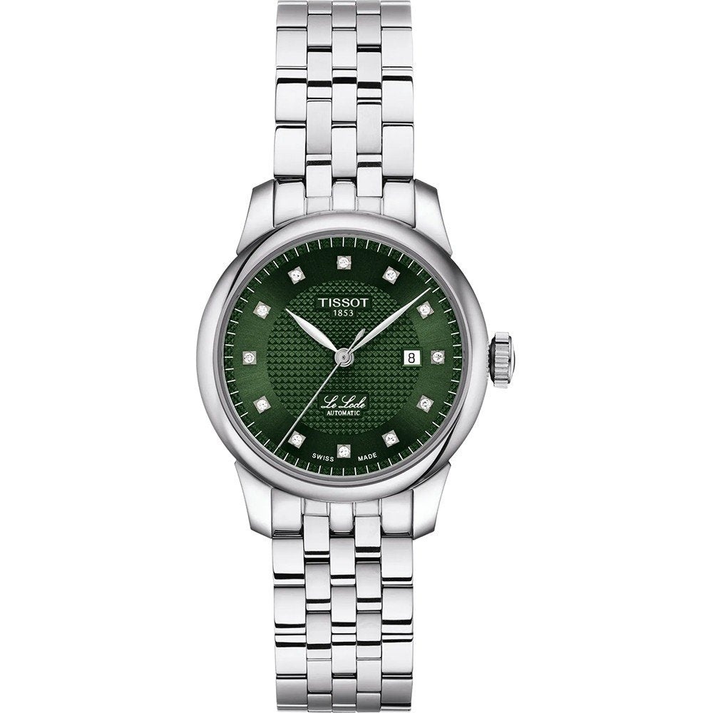 Armbanduhr mit grünem Zifferblatt, Edelstahl-Gehäuse und -Armband, mit Diamanten als Indizes