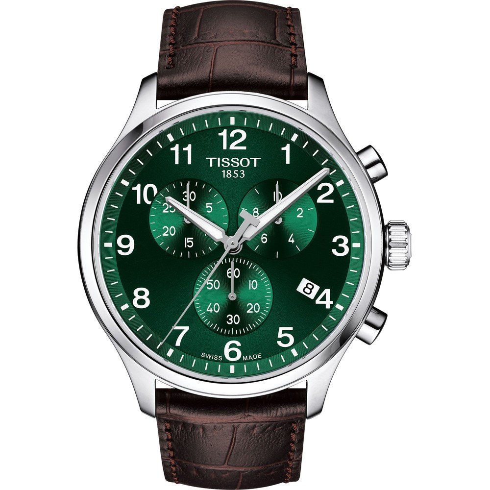 Herrenchronograph mit grünem Zifferblatt, silbernem Gehäuse und braunem Lederarmband