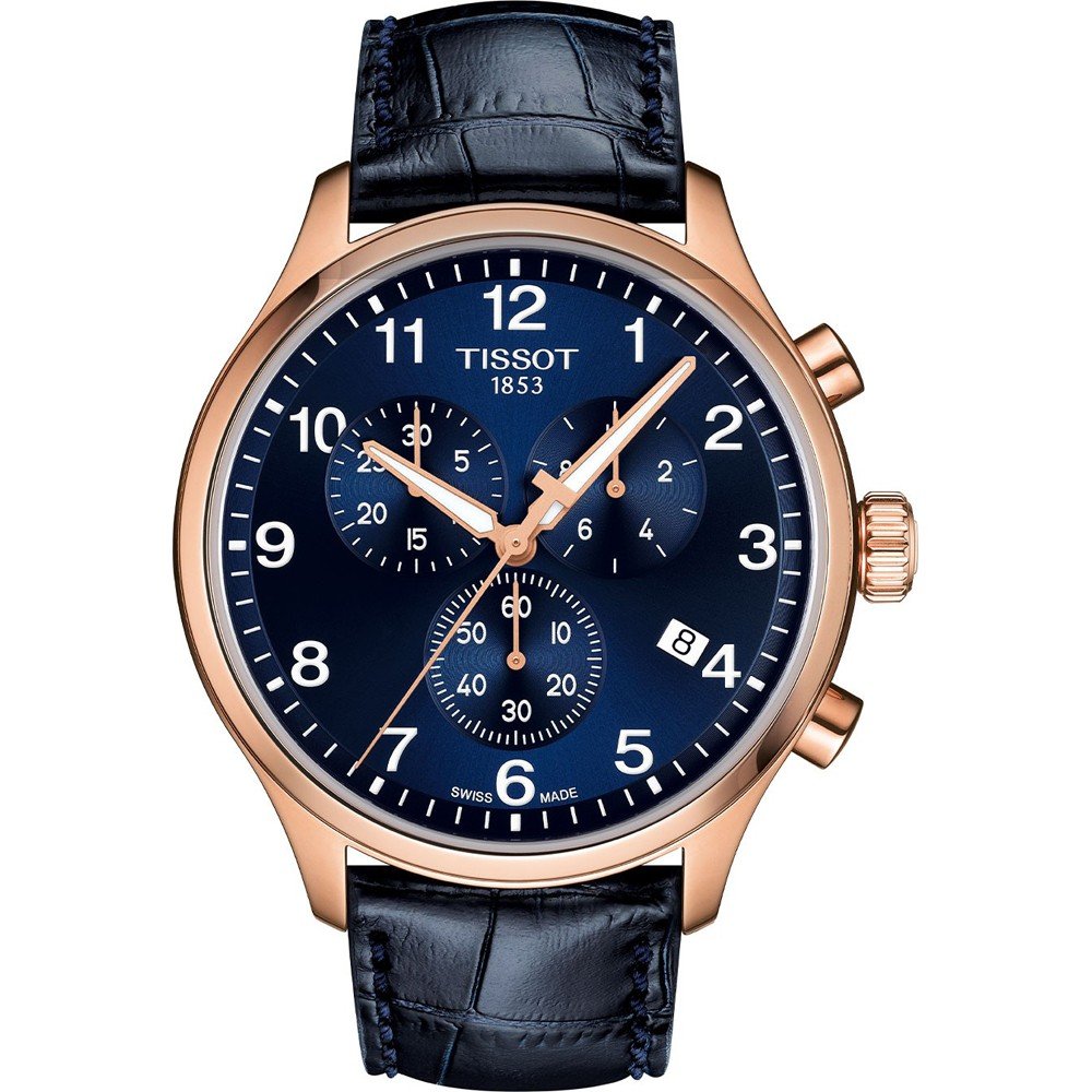 Herrenchronograph mit roségoldenem Gehäuse, blauem Zifferblatt und schwarzem Lederarmband