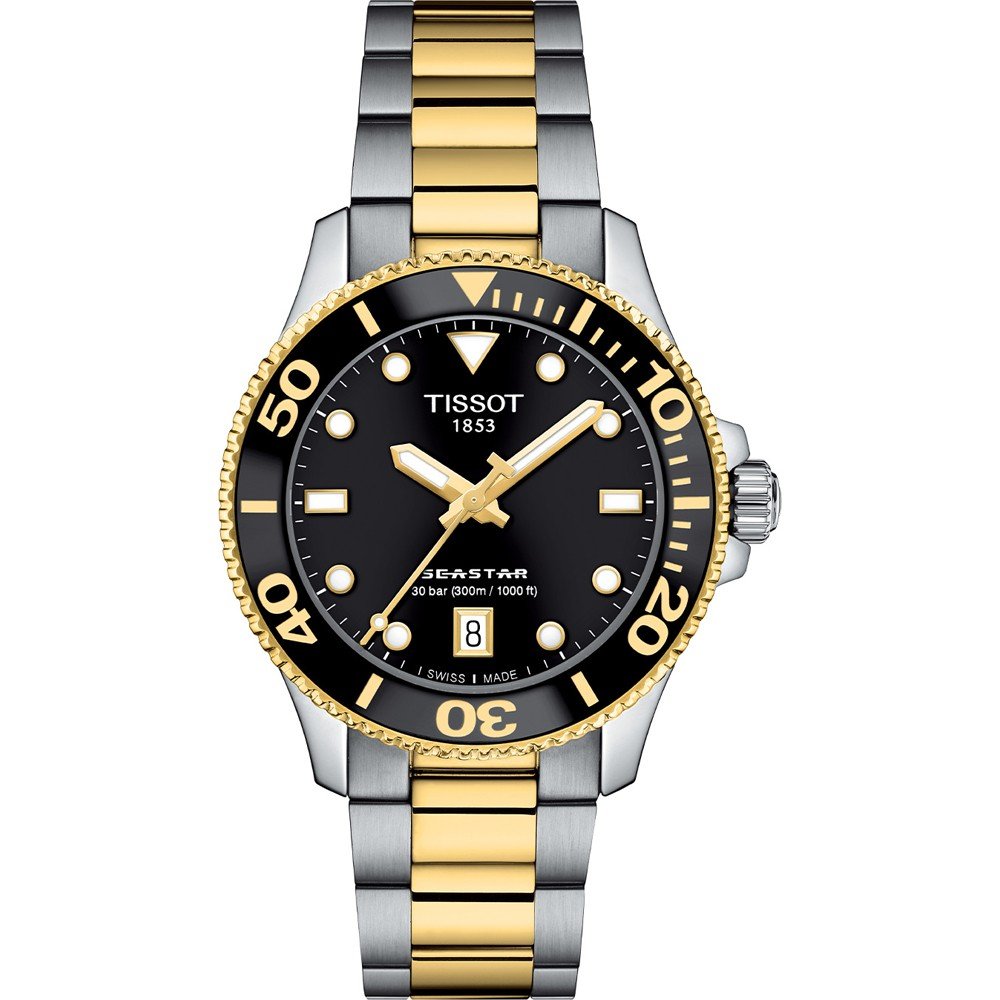 Taucheruhr mit schwarzem Zifferblatt, goldener Lünette und Edelstahl-Mesh-Armband
