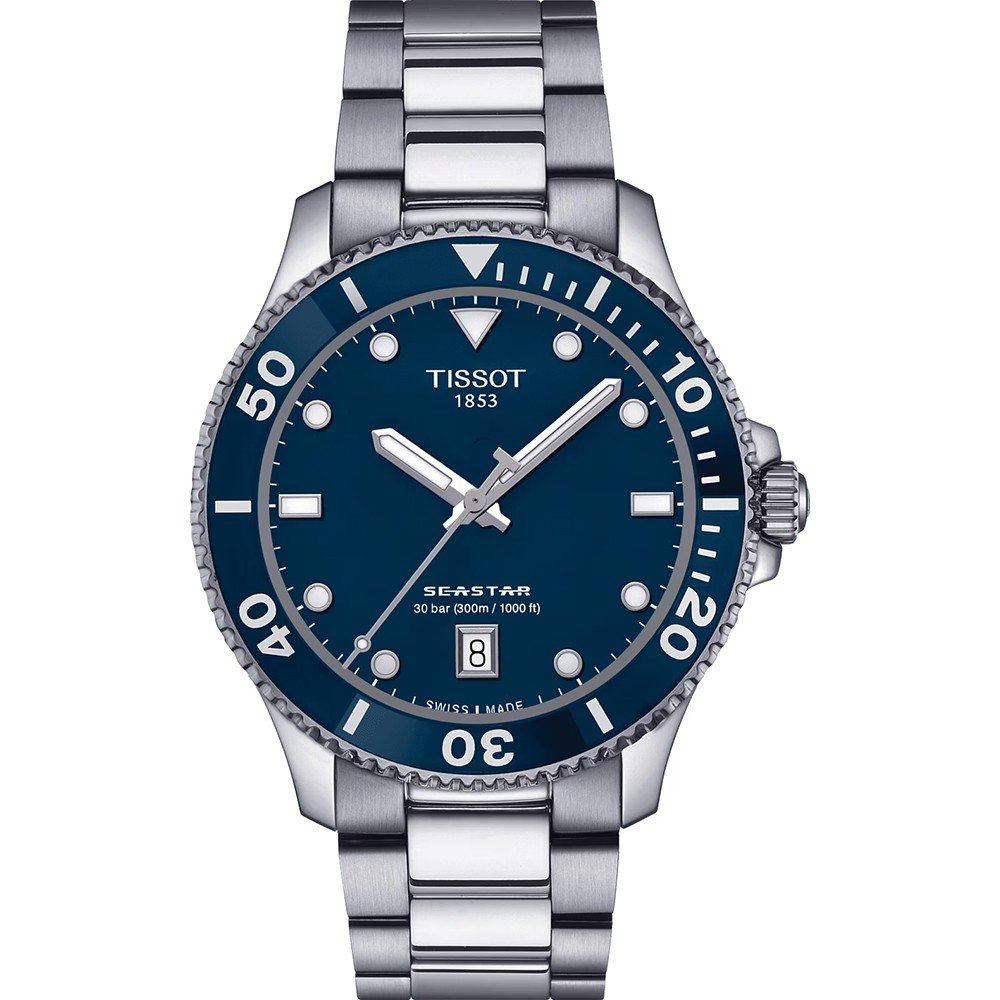 Taupe Uhr mit blauem Zifferblatt, Edelstahlgehäuse und -armband, Datumsanzeige bei 6 Uhr
