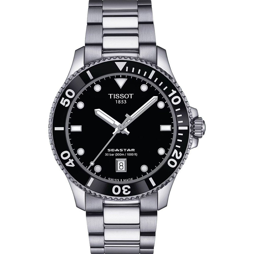 Taucheruhr mit schwarzem Zifferblatt, Edelstahlgehäuse und -armband, Datumsanzeige bei 6 Uhr
