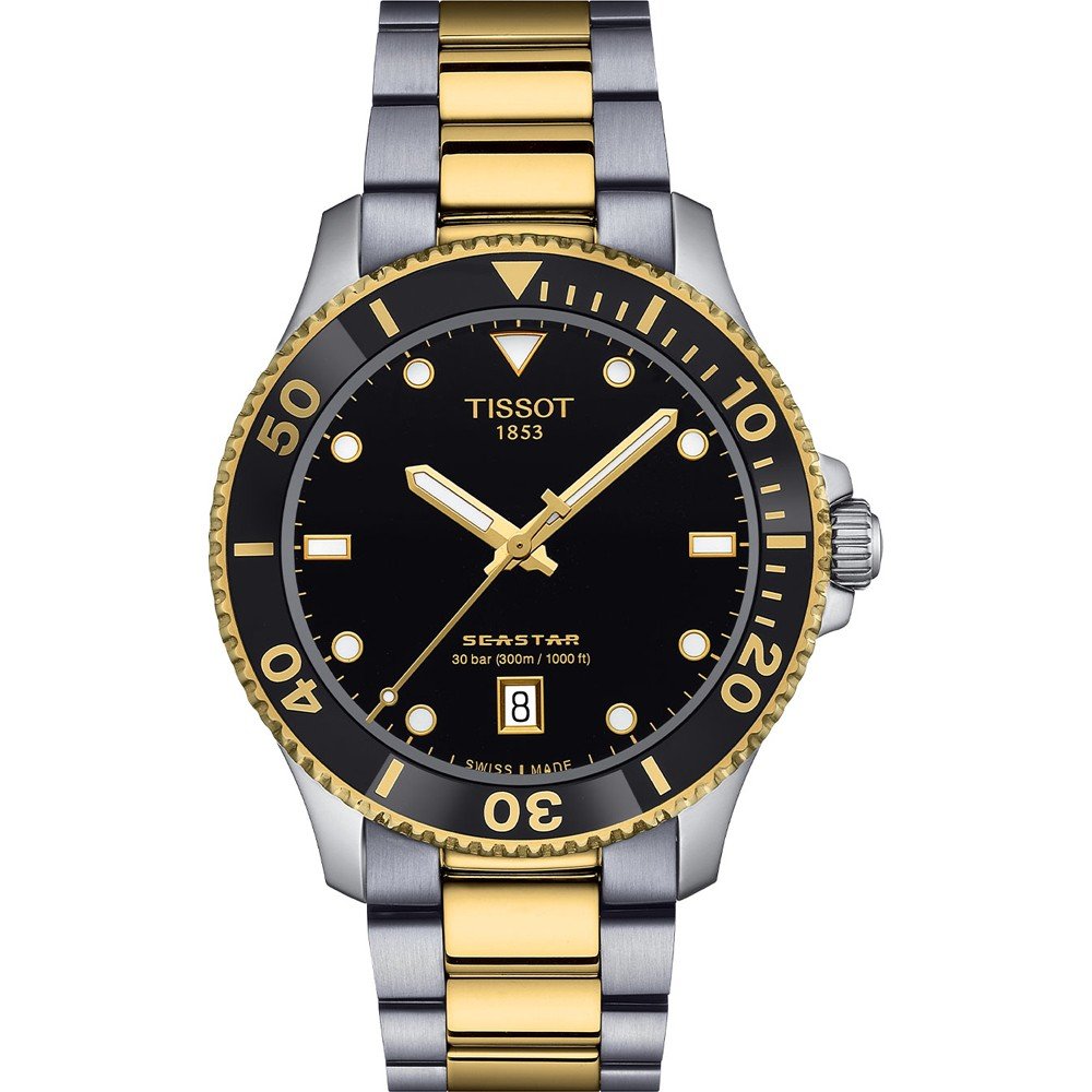 Taucheruhr mit schwarzem Zifferblatt, goldener Lünette und zweifarbigem Armband aus Edelstahl