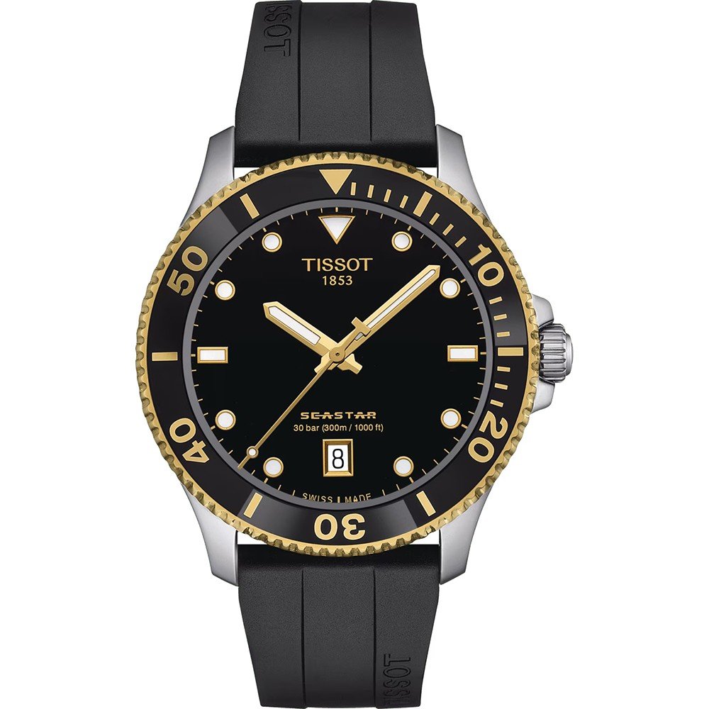 Taucheruhr mit schwarzem Zifferblatt, goldener Lünette und schwarzem Silikonarmband