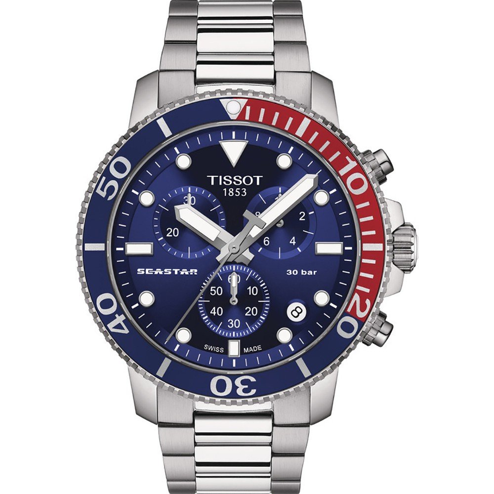 Taucheruhr mit blauem Zifferblatt, silbernem Gehäuse und roter Lünette, Chronograph mit drei Ziffernblättern.