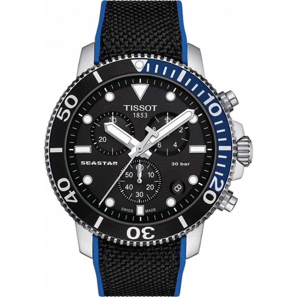 Taucheruhr mit schwarzem Zifferblatt, Edelstahlgehäuse und schwarzem Mesh-Armband mit blauen Akzenten