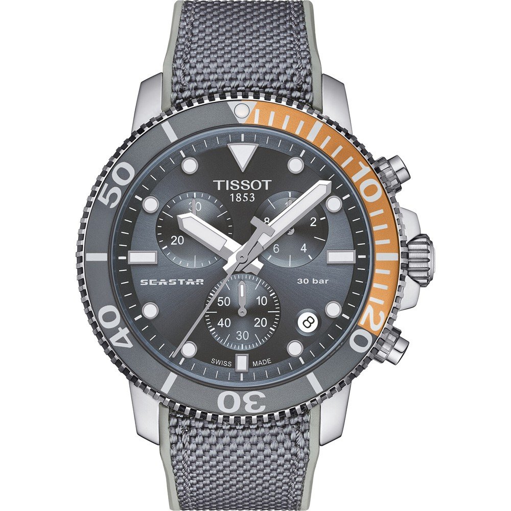 Taupe Uhr mit grauem Zifferblatt, silbernem Gehäuse und orangefarbener Lünette, Mesh-Armband