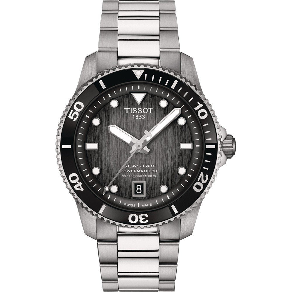 Taucheruhr mit schwarzem Zifferblatt, Edelstahlgehäuse und -armband, Lünette mit Zahlen und Datum.