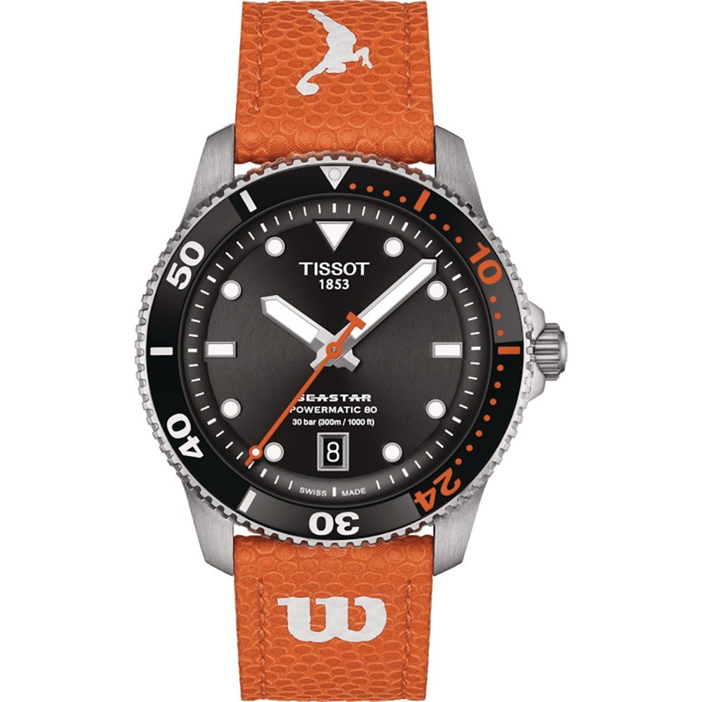 Taupe Uhr mit schwarzem Zifferblatt, orangefarbener Lederarmband und silbernem Gehäuse