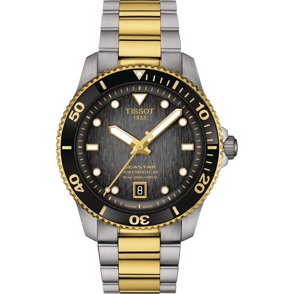 Taucheruhr mit schwarzem Zifferblatt, Edelstahl-Gehäuse und goldfarbener Lünette, Armband aus Edelstahl und Gold.