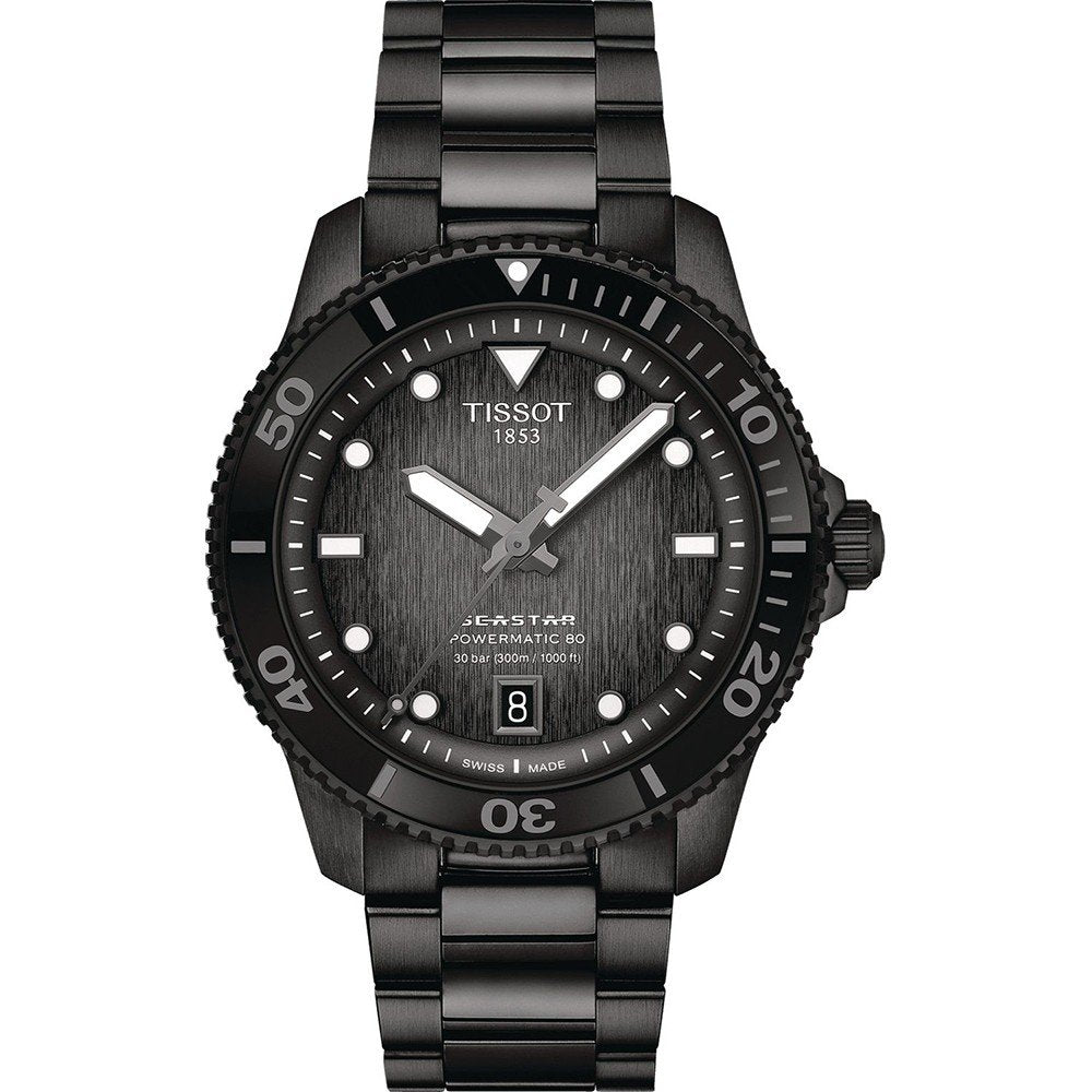 Taucheruhr mit schwarzem Zifferblatt, schwarzem Gehäuse und Armband aus Edelstahl, Datumsanzeige bei 6 Uhr