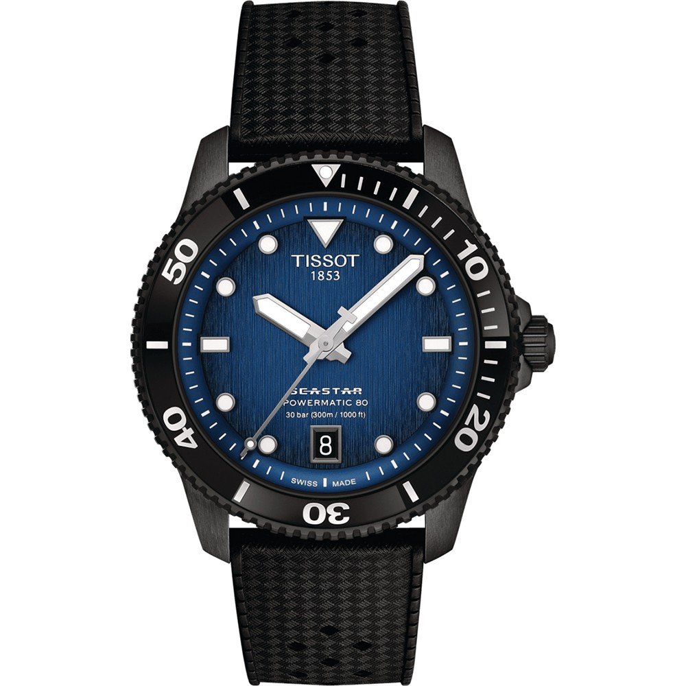 Taucheruhr mit blauem Zifferblatt, schwarzem Gehäuse und schwarzem Silikonarmband