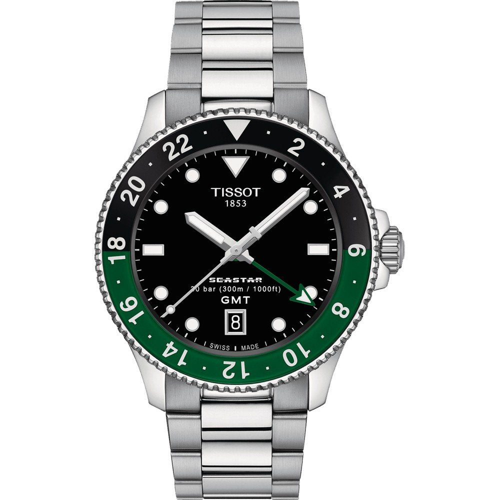 Uhr mit schwarzem Zifferblatt, grünem Lünette und Edelstahlarmband, GMT-Funktion und Datumsanzeige