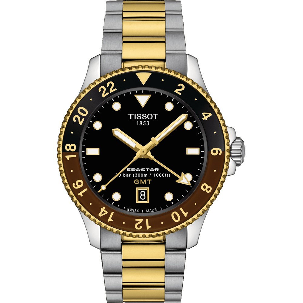 Zilveren en gouden horloge met zwarte wijzerplaat, GMT-functie en een stalen band.