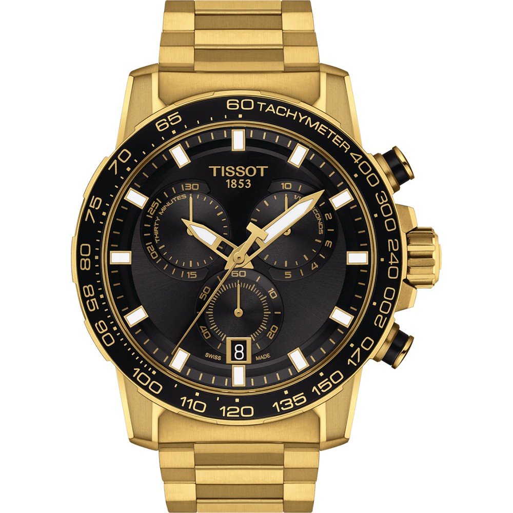Hochwertige Tissot Supersport Chrono mit goldenem Gehäuse, schwarzem Zifferblatt und goldfarbenem Armband