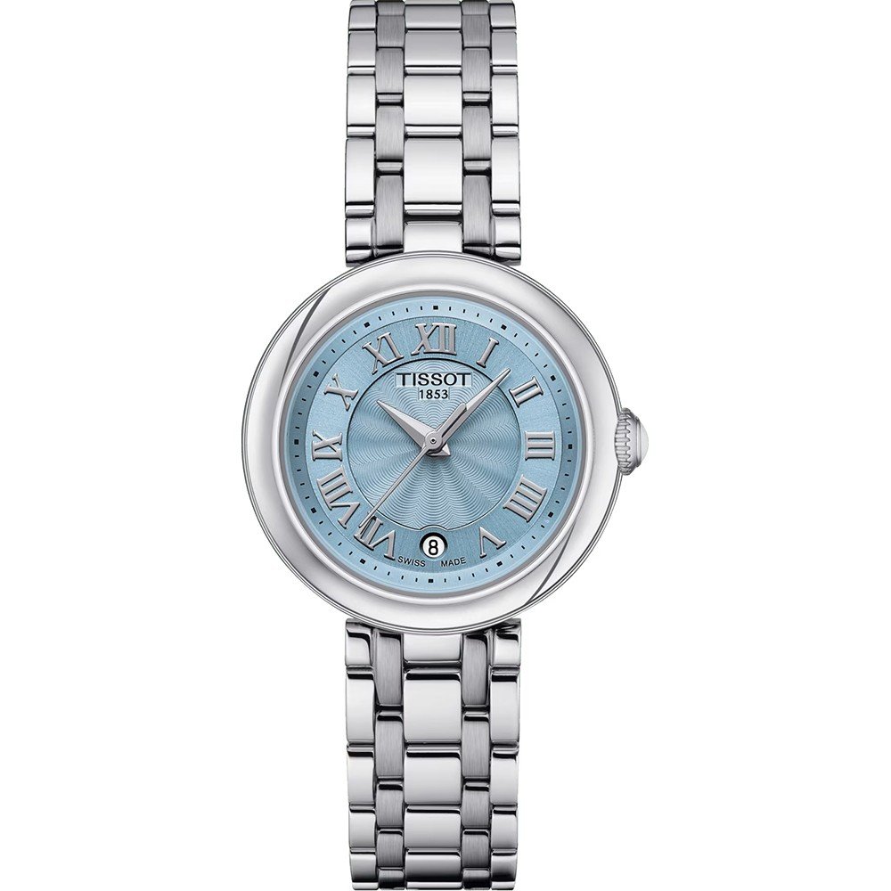 Uhr mit silbernem Gehäuse und Armband, mit blauem Zifferblatt und römischen Ziffern