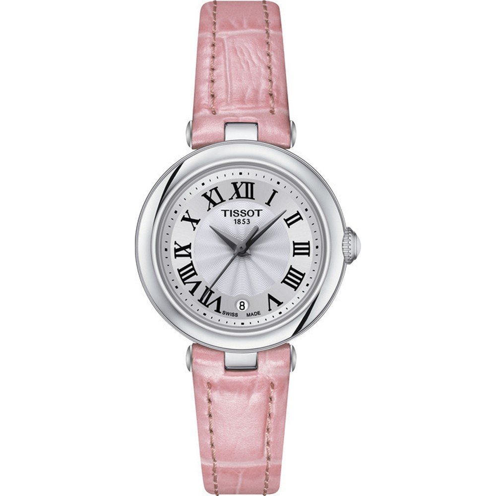 Uhr mit silbernem Zifferblatt, römischen Ziffern und rosegoldenem Lederarmband