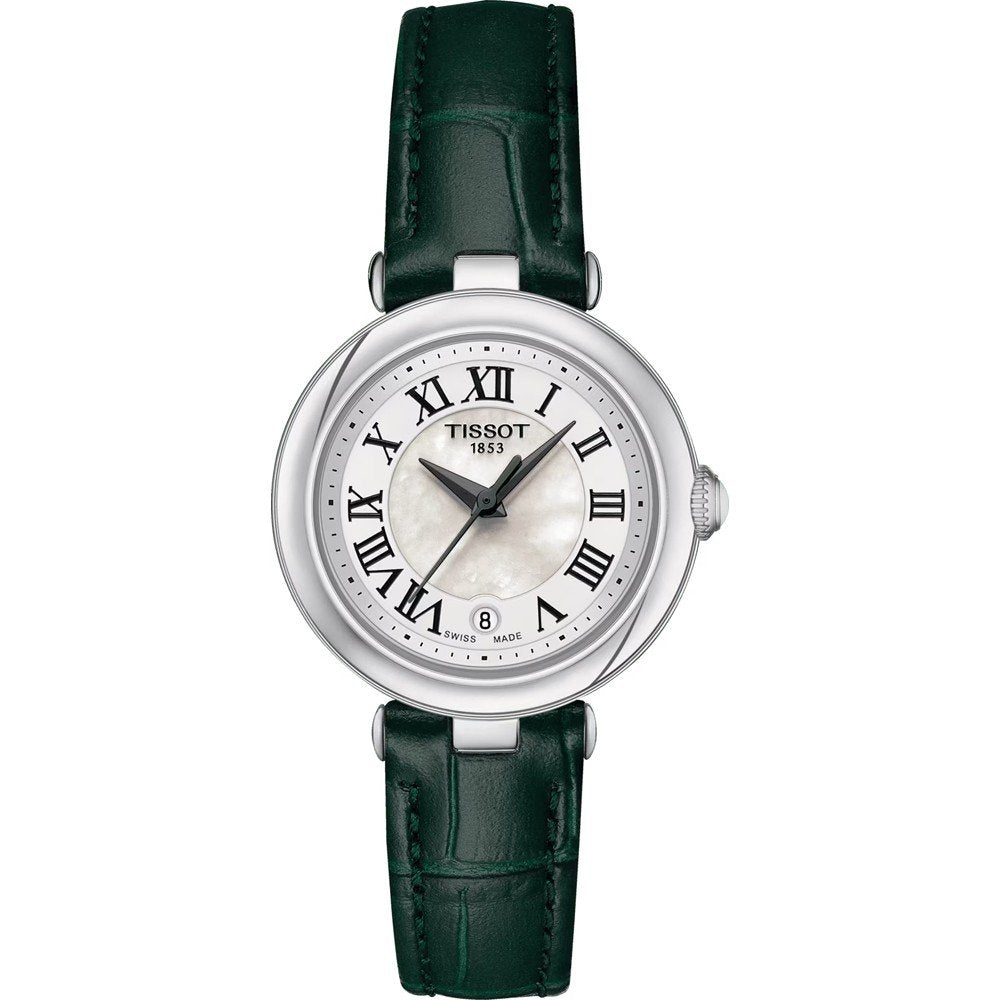Uhr mit silbernem Gehäuse, weißem Zifferblatt und grünem Lederarmband