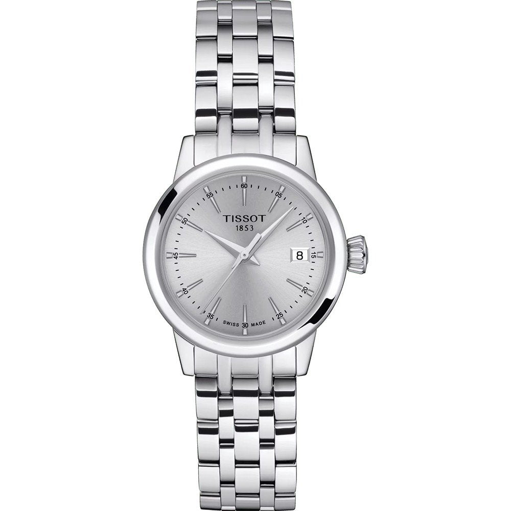 Uhr mit silbernem Gehäuse, silbernem Zifferblatt und Edelstahl-Armband