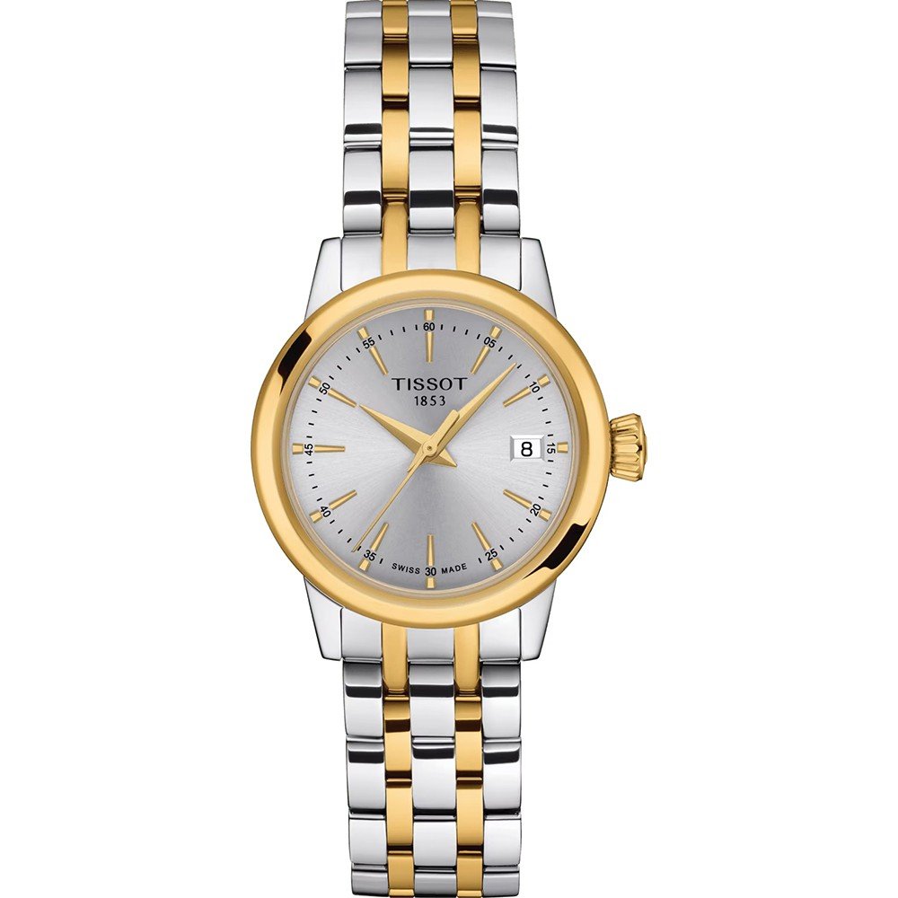 Uhr mit silbernem Zifferblatt, goldener Lünette und zweifarbigem Armband aus Edelstahl