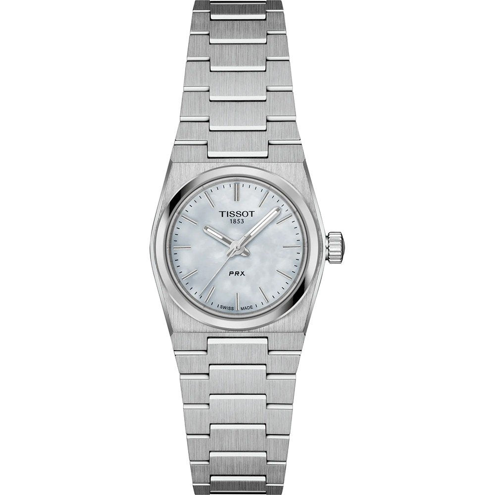 Uhr Tissot PRX mit silbernem Gehäuse, silbernem Armband und weißem Zifferblatt