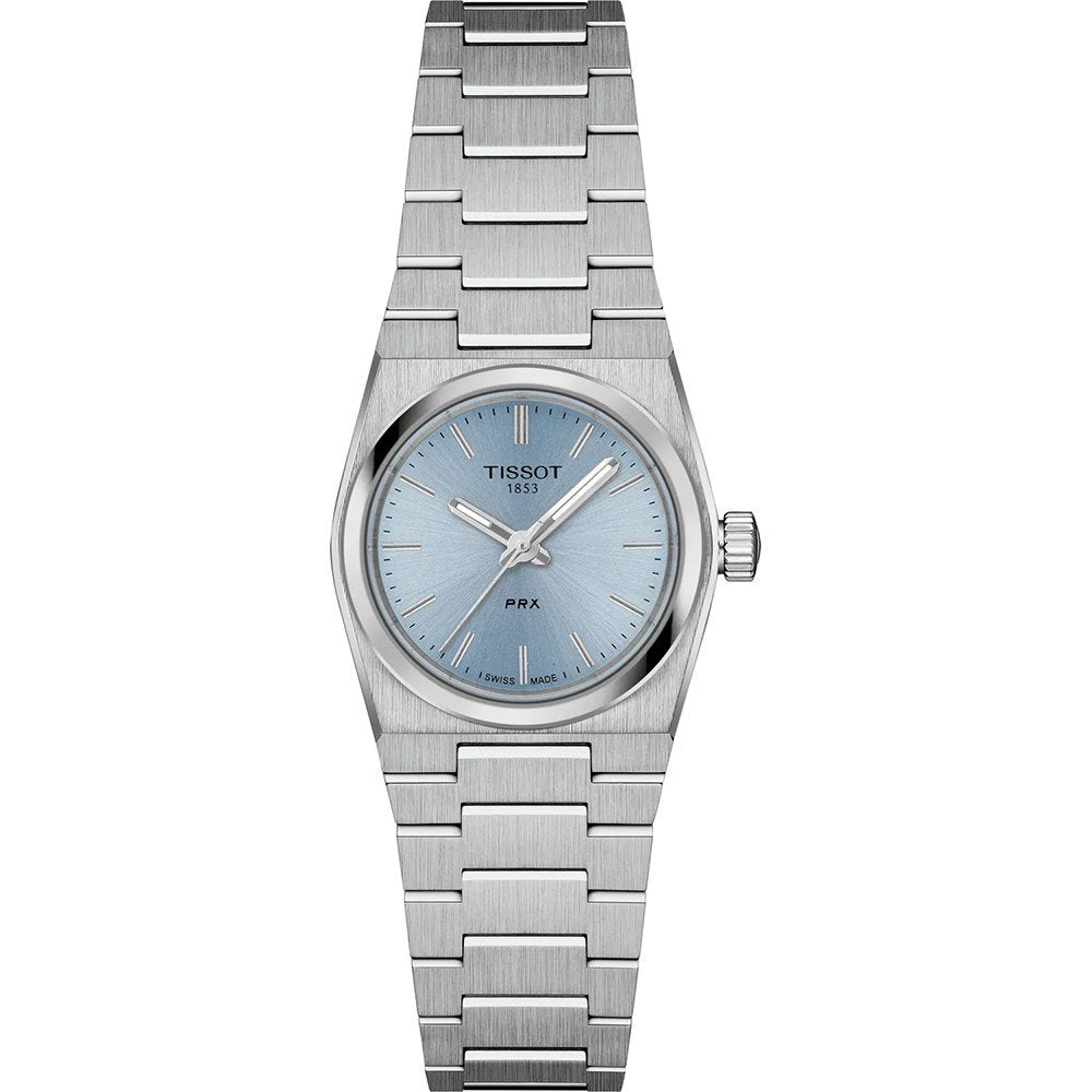 Uhr mit silbernem Gehäuse, blauem Zifferblatt und silbernem Armband aus Edelstahl