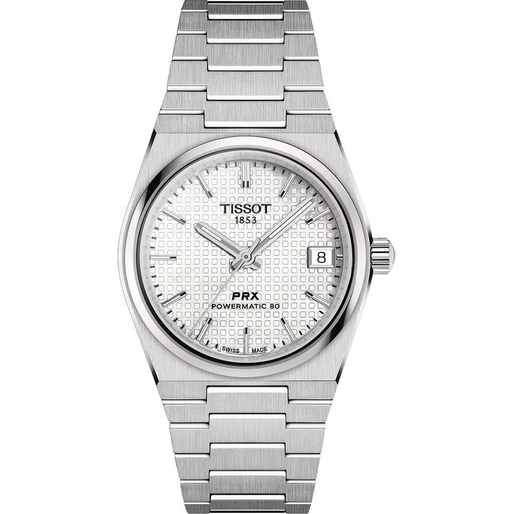 Uhr mit silbernem Gehäuse, silbernem Armband und weißem Zifferblatt mit Datumsanzeige