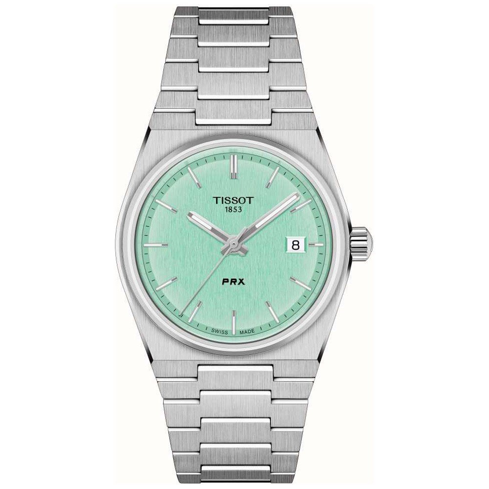 Uhr mit mintgrünem Zifferblatt, Edelstahl-Gehäuse und -Armband, Datumsanzeige bei 3 Uhr