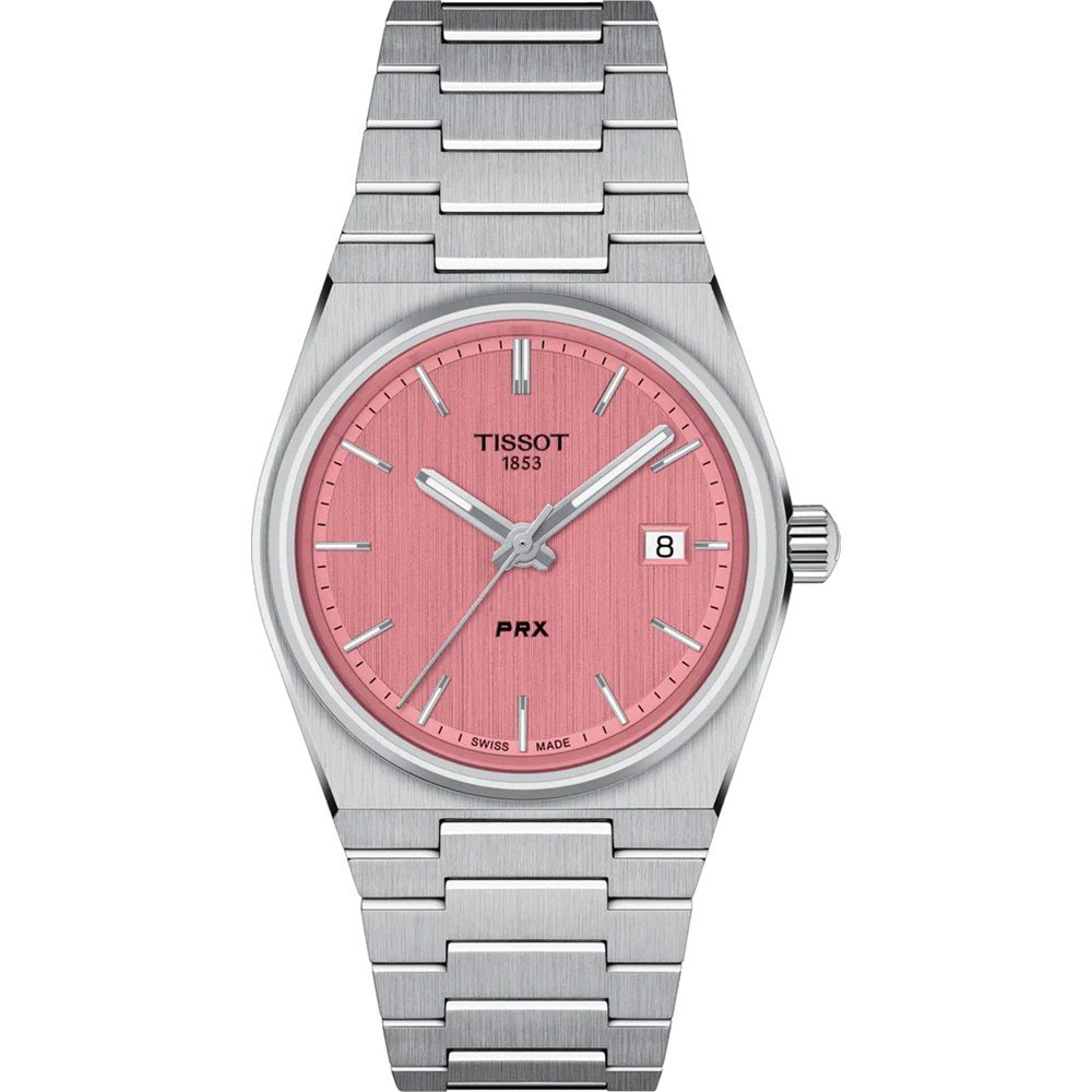 Uhr mit rosafarbenem Zifferblatt, Edelstahlgehäuse und -armband, Datumsanzeige bei 3 Uhr