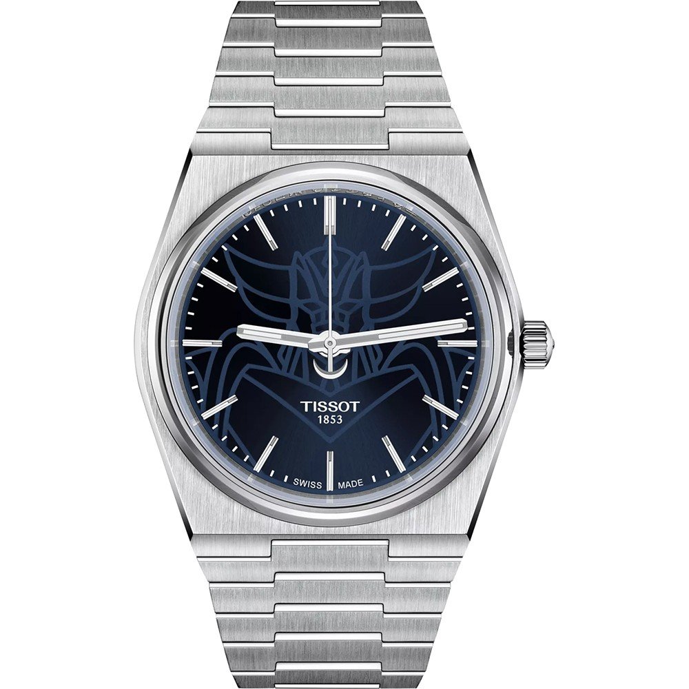 Uhr mit blauem Zifferblatt, Edelstahlgehäuse und -armband, zeigt Robotermotiv
