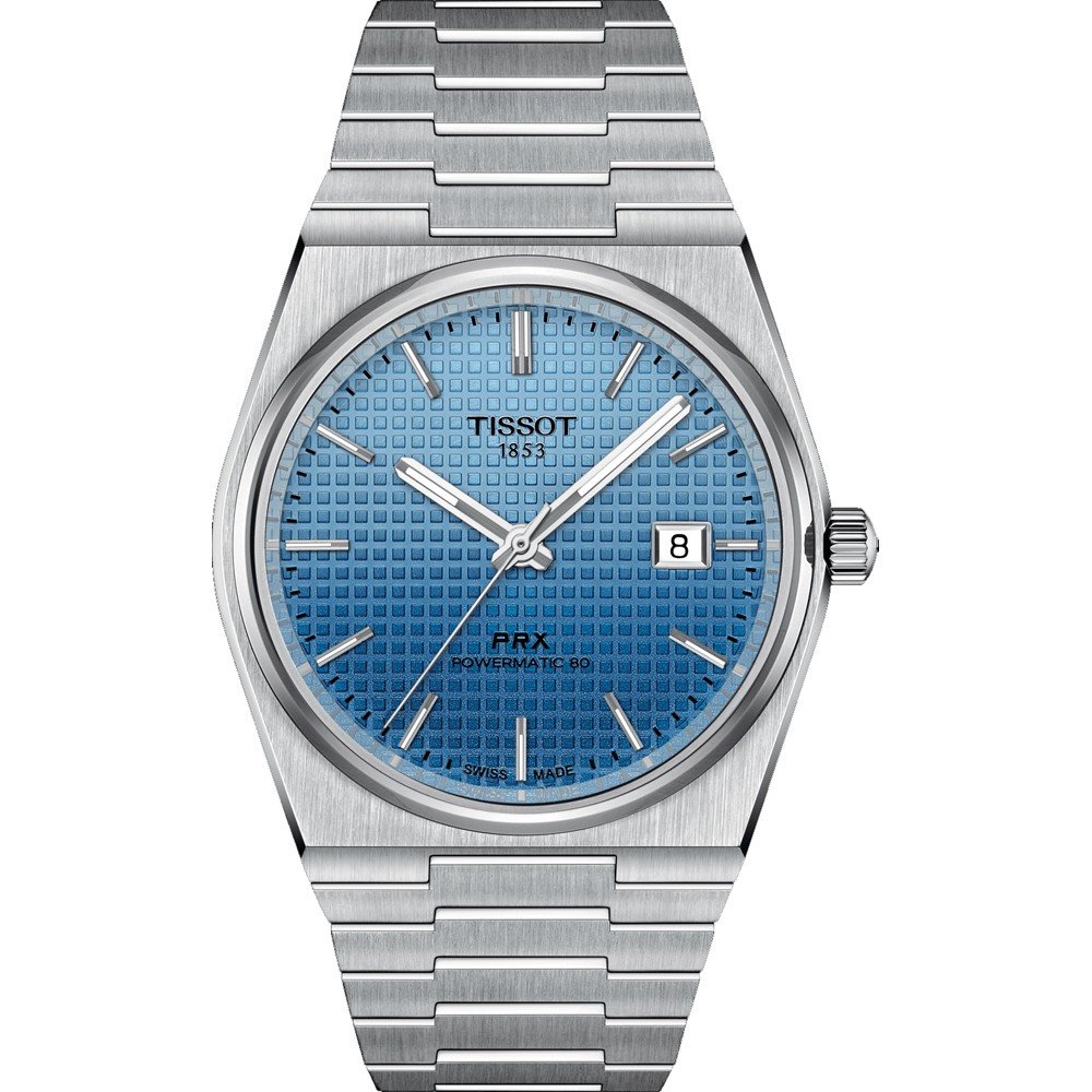 Uhr mit silbernem Gehäuse, blauem Zifferblatt und Mesh-Armband, Datumsanzeige bei drei Uhr