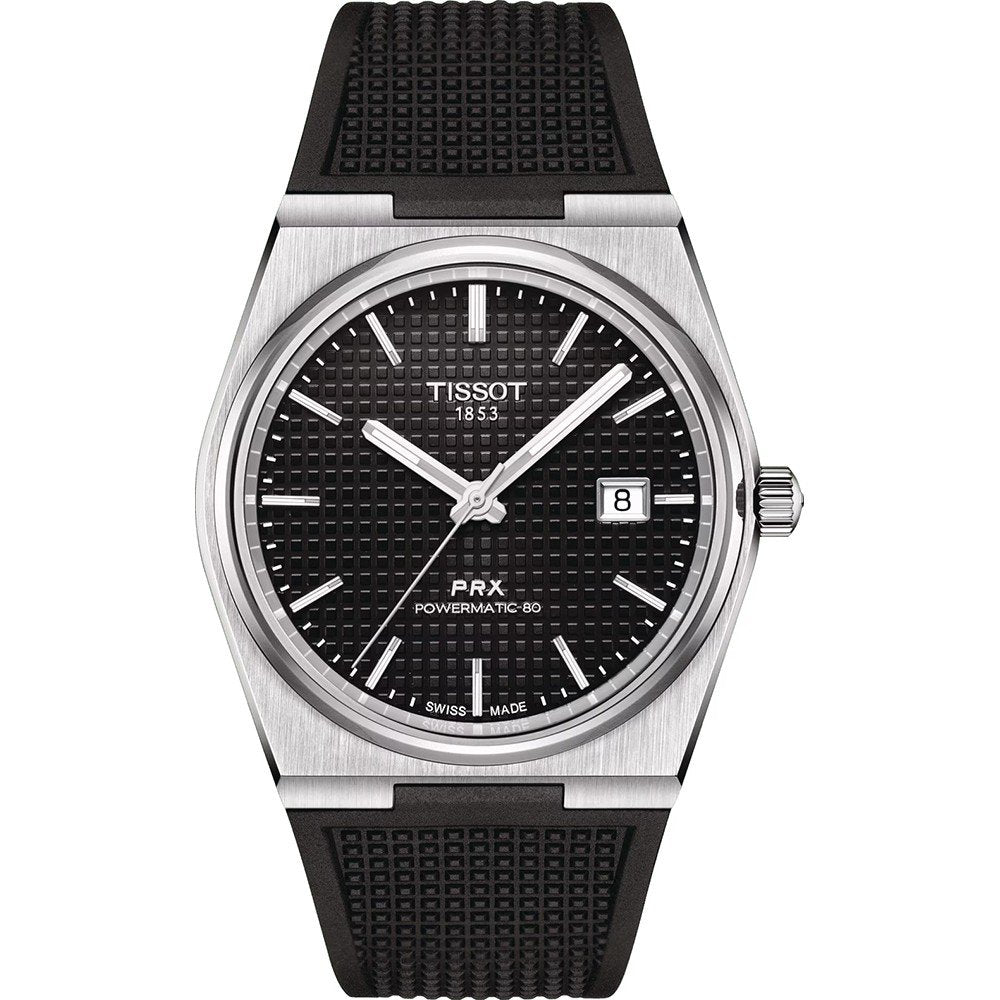 Herrenarmbanduhr Tissot PRX Powermatic 80 mit schwarzem Zifferblatt und schwarzem Gummiarmband