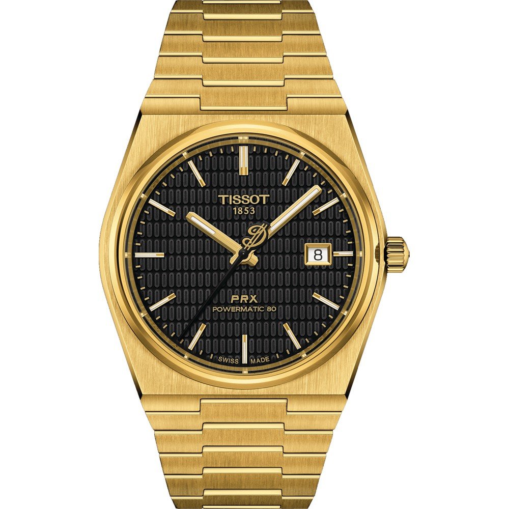 Hochwertige Tissot PRX Powermatic 80 mit goldenem Gehäuse, schwarzem Zifferblatt und goldenen Indizes