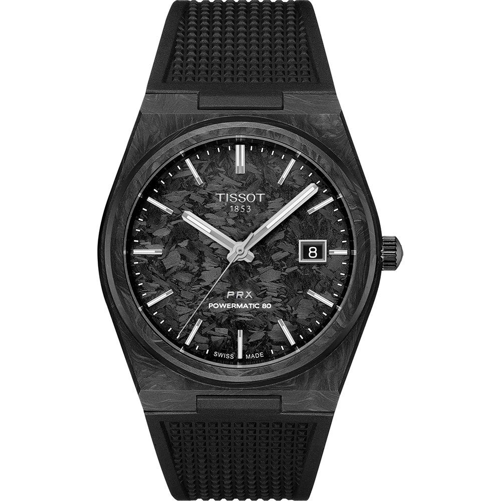 Herrenarmbanduhr mit schwarzem Zifferblatt, Carbon-Gehäuse und schwarzem Silikonarmband