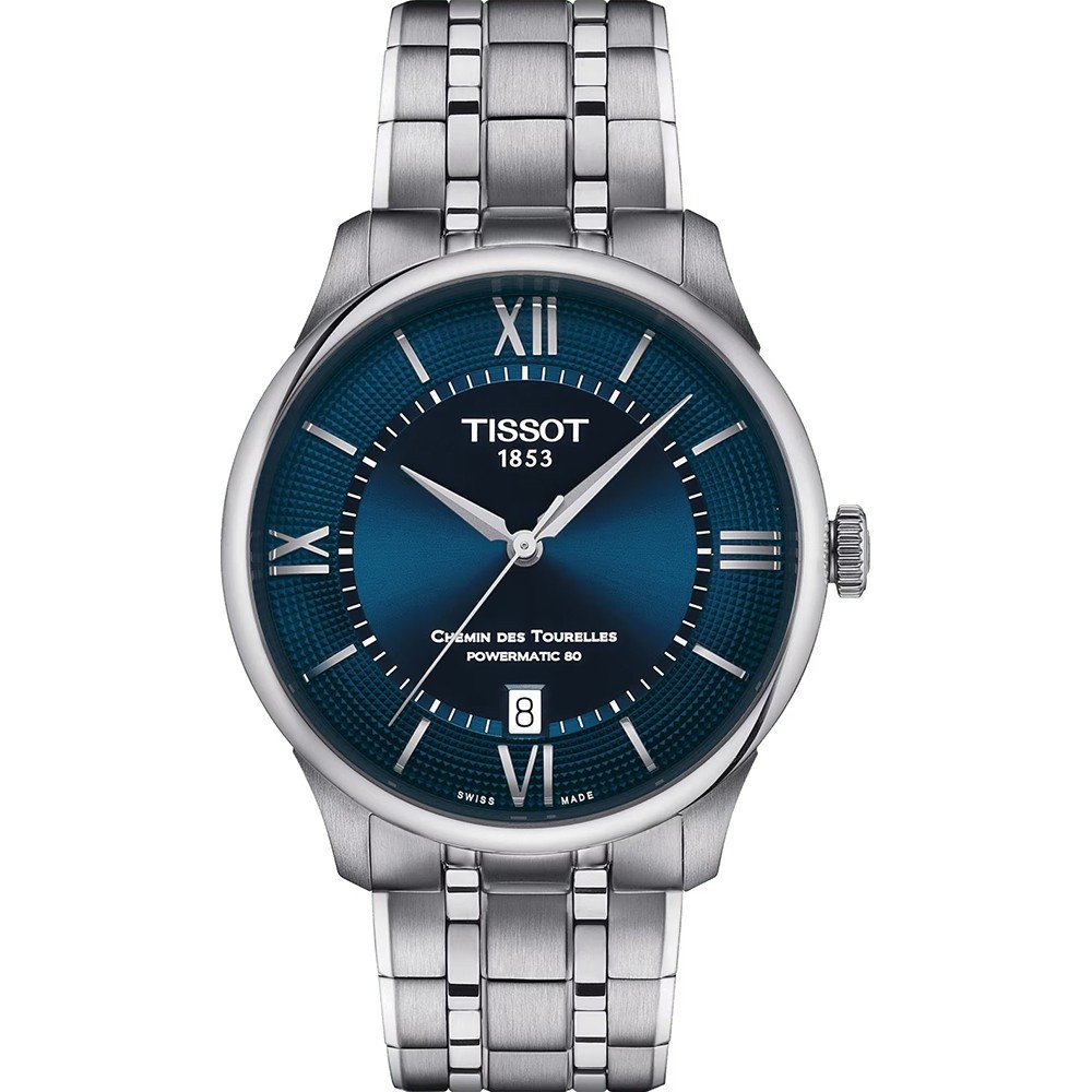 Herrenarmbanduhr mit blauem Zifferblatt, silbernem Gehäuse und Edelstahlarmband, Datumsanzeige bei 6 Uhr