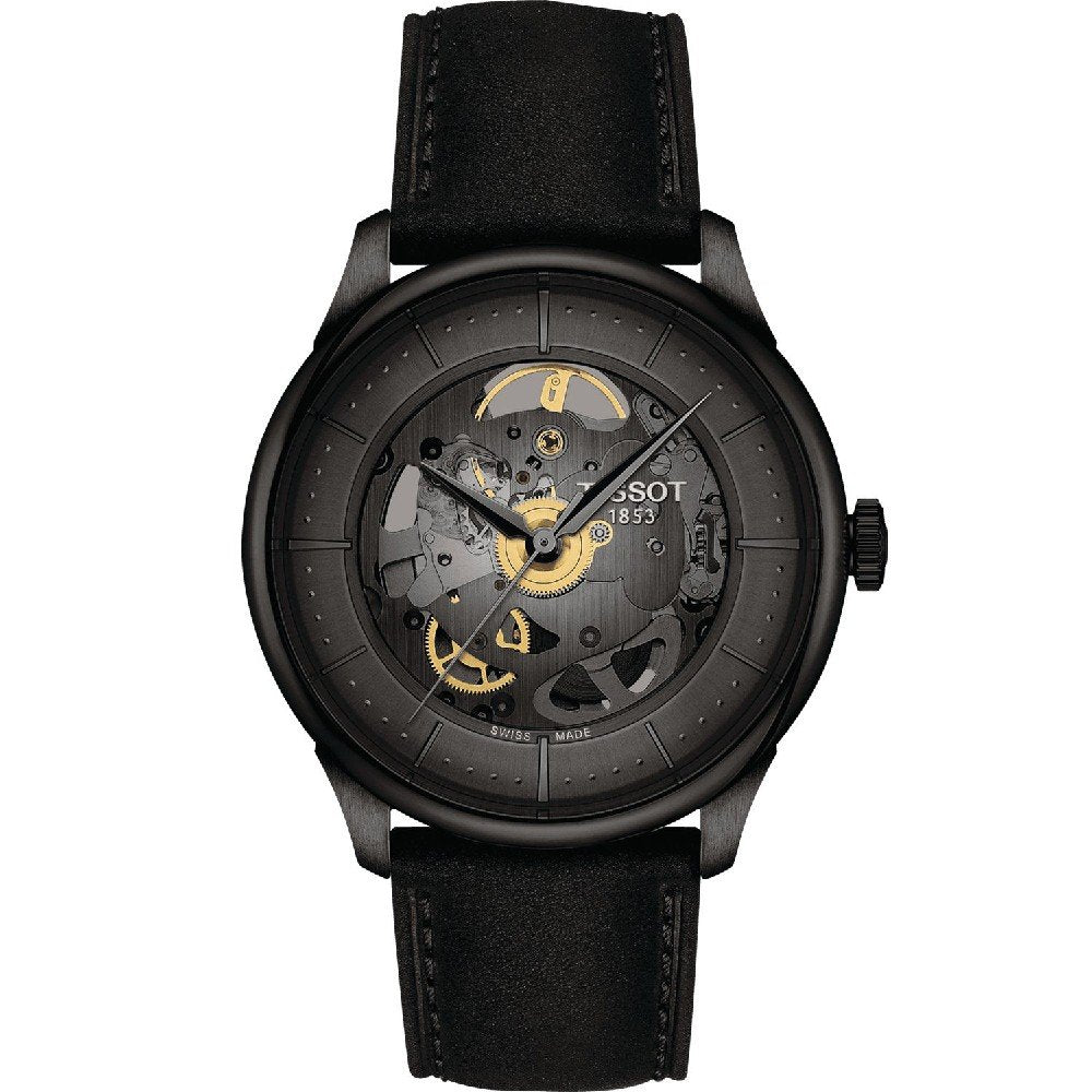Herrenarmbanduhr mit schwarzem Zifferblatt, Skelettwerk und schwarzem Lederarmband