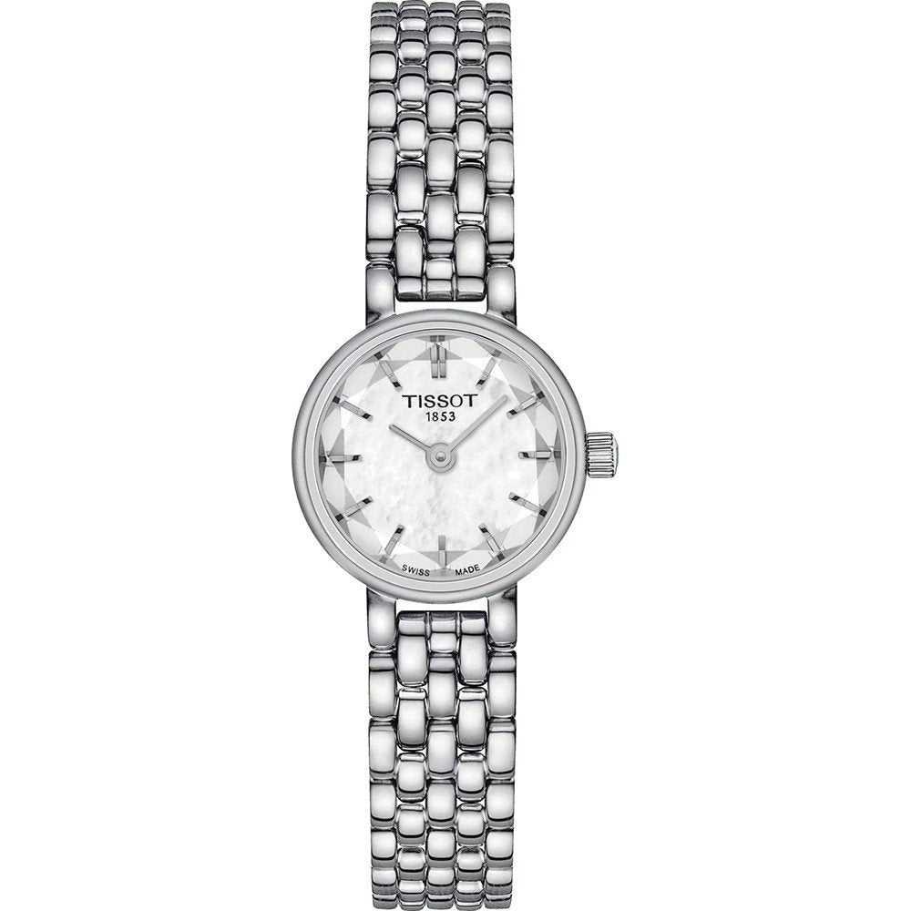 Uhr mit silbernem Gehäuse, weißem Zifferblatt und einem glitzernden Armband aus Edelstahl