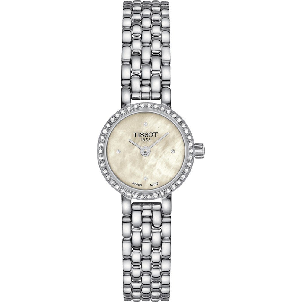 Uhr mit silbernem Gehäuse, weißem Zifferblatt und Glitzersteinen, ausgestattet mit einem Metallarmband