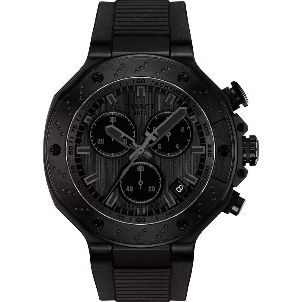 Schwarze Tissot T-Race Quarzchronograph mit schwarzem Zifferblatt und schwarzem Silikonarmband